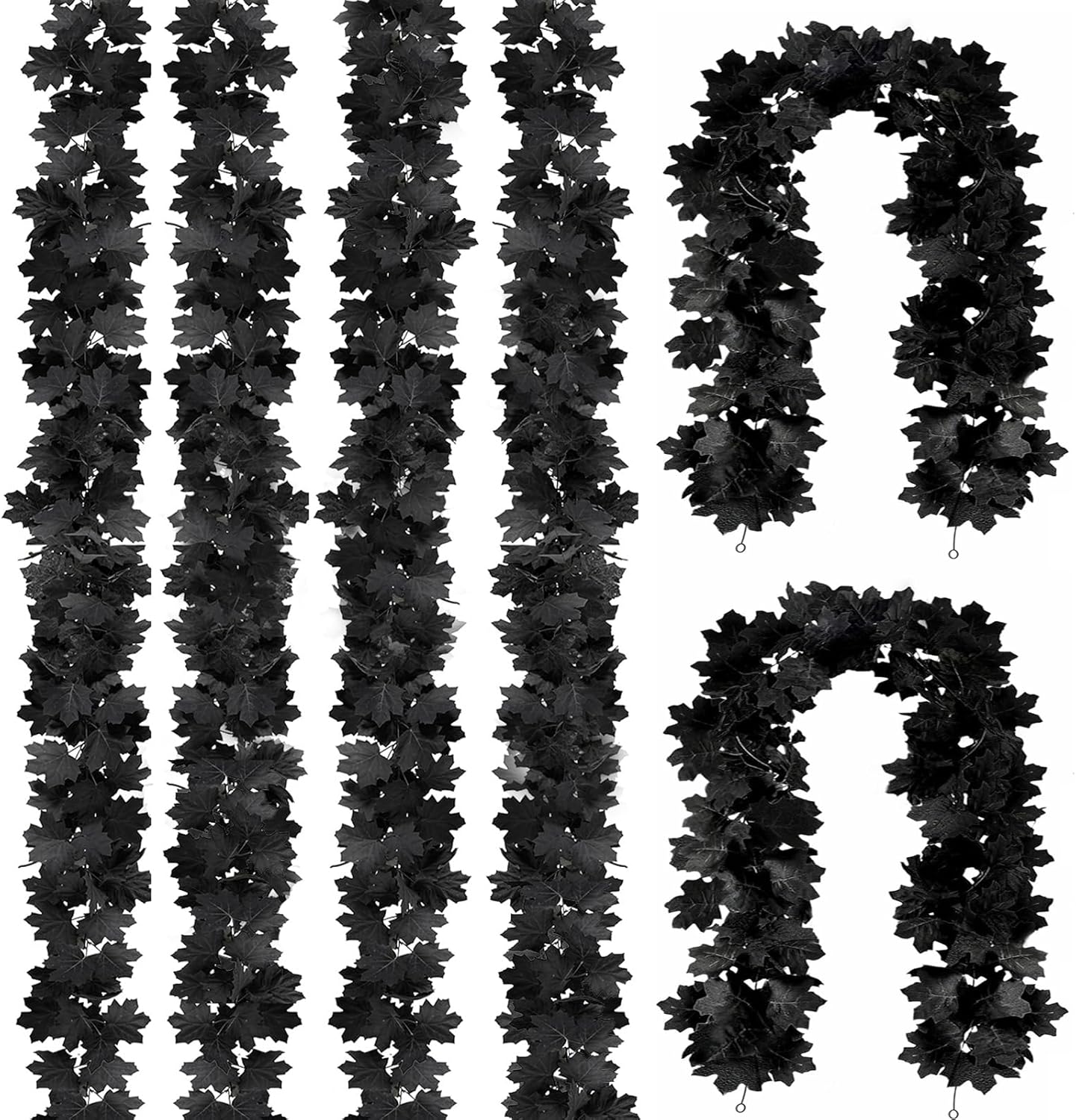 Joyhalo 6 Pack 5.7FT Black Maple Leaf Garland,Halloween Artificial Hanging Black Vines,Halloween Outdoor Garland for Mantle,Door Frame,Fireplace and Thanksgiving Decor