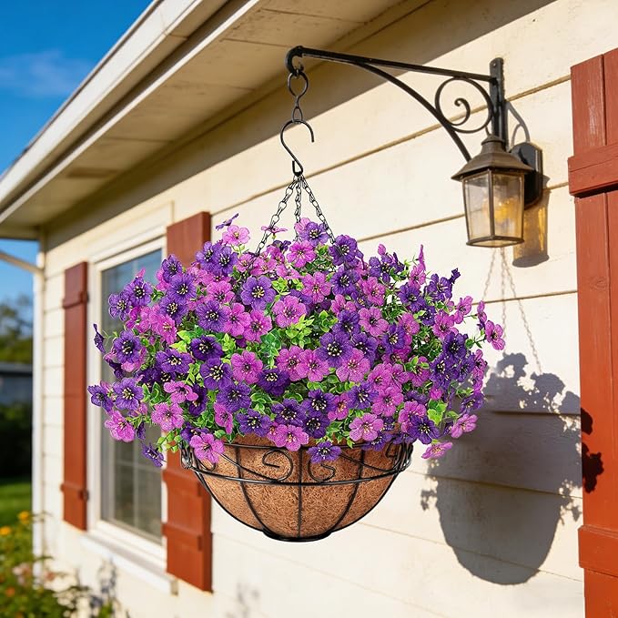 Artificial Fake Hanging Flowers Plants Basket Outdoors, Faux Silk UV Resistant Look Real Daisy Eucalyptus for Spring Summer Garden Porch Home Patio Balcony Yard Decorations, Double Purple