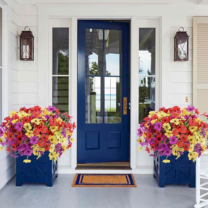 Geegoods Artificial Mums Flowers for Outdoors, 12 Bundles UV Resistant Fake Plastic Colorful Mix Flowers for Patio Porch Spring Summer Decor