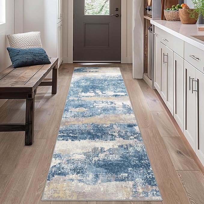 BEIMO Runner Rug for Hallway Kitchen 2x10 Machine Washable Runners Rug for Entryway, Blue Cream Soft Modern Abstract Throw Rugs, Floor Carpet with Non Slip Rubber Backing