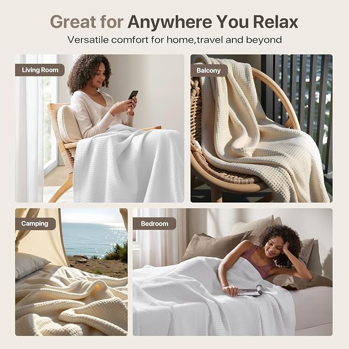 Madison Park 100% Cotton Blanket, Trendy Woven Waffle Weave Design, All Season, Lightweight, Breathable, Soft and Cozy Casual Summer Cover, for Bed, Couch and Sofa, King(108 in x 90 in), White