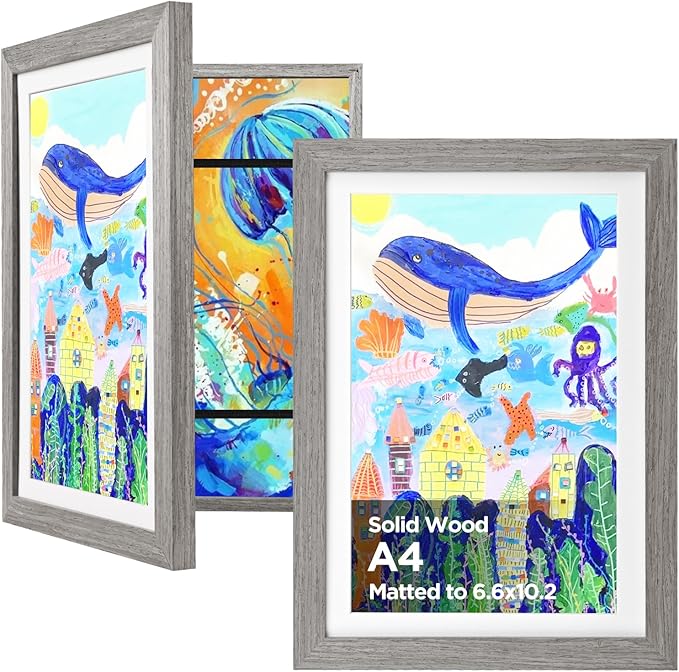 KINLINK A4 Kids Art Frame Set of 2, Solid Wood Kids Artwork Frames Changeable with Front Opening hold 150 Pictures, Art Frames for Kids Art with Mat，without Mat A4 Picture Frame Grey