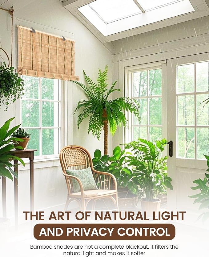48" Wx72 H Bamboo Blinds Roller Shades for Indoor Windows, Blackout Bamboo Curtain Roll Up wiht Cord, Privacy Roman Shade for Interior/Exterior Windows, Mounting Hardware Included
