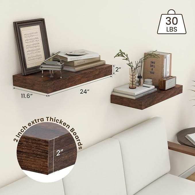 FLYJOE Deep Floating Shelves 24 Inches Long Set of 2 | 12 Inch Deep Shelves for Wall, Rustic Brown Wood Shelves for Bathroom Living Room Laundry Room Kitchen