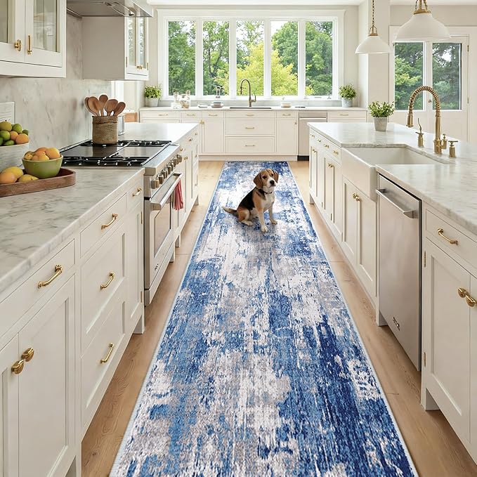 RELEANY Washable Area Rugs 2'6'' x12 Non-Slip Modern Abstract Soft for Living Room Entryway Bedroom Nursery, Print Pattern, Blue Grey Navy Gray