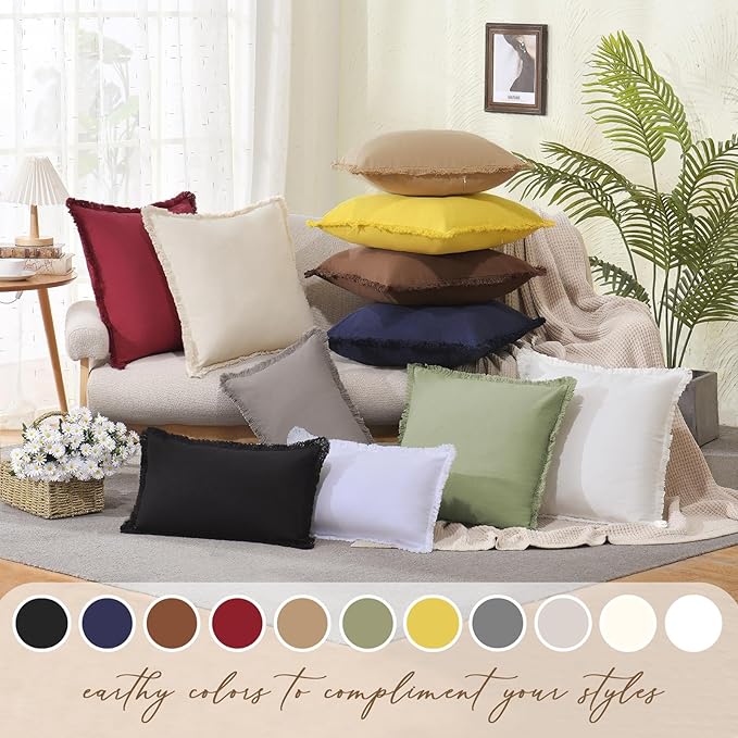 ZWJD Pillow Covers 12x20 Set of 2 Beige Throw Pillow Covers with Fringe Chic Cotton Decorative Pillows Square Cushion Covers for Sofa Couch Bed Living Room Farmhouse Boho Decor