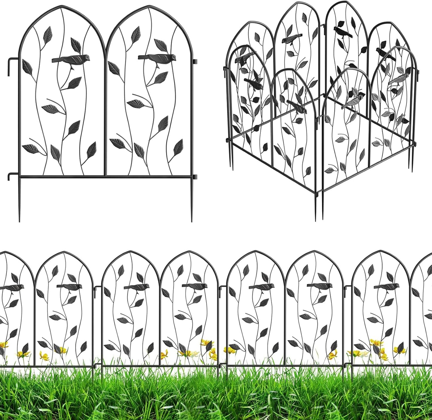 Decorative Garden Fence 4 Pack - 24in(H) x 10Ft(L), Metal Garden Fencing Panel, Landscape Pathway Edge Iron Picket Fence Panels (Balck)