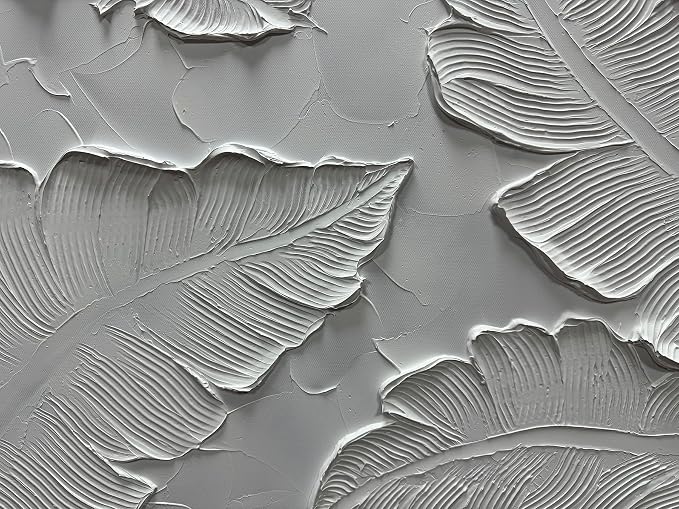 Art8YuQi Paintings - Contemporary Abstract Art leaf Oil Painting On Canvas Texture 3D White Painting Plantain Handmade Artwork Picture Canvas Wall Art Modern Home Decor living room Ready to Hang 24X48 inch