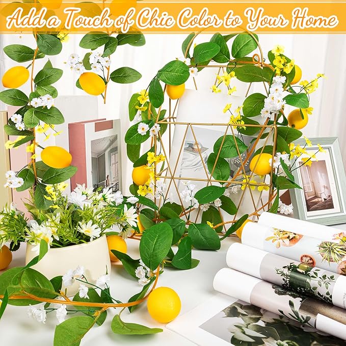 2 Pcs Artificial Lemon Flower Garland Vine, 14 Ft Fake Yellow Lemon Vines Silk Flowers Hanging Floral Garlands Decoration for Room Wall, Flower Themed Party, Wedding Supplies