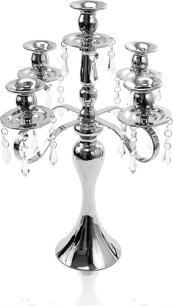 Allgala Silver Candle Holder 19" 5-Arm Silver Chrome Plated Taper Candle Holder Candlestick Candelabra