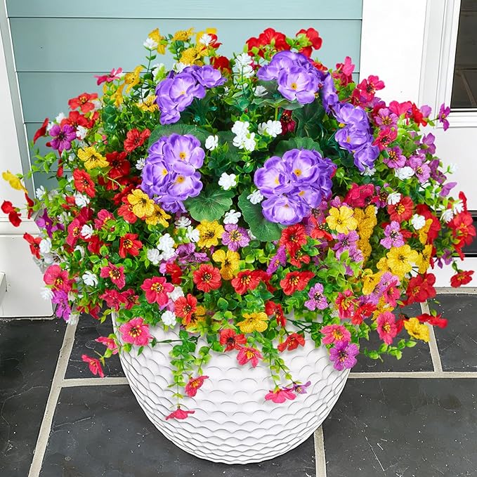Hrobek Artificial Flowers for Outdoors Faux Plants Outside Indoor,Realistic UV Resistant Silk Fake Geranium Daisy for Home Patio Garden Back Yard Front Porch Decor Spring Summer(12 Bunches)