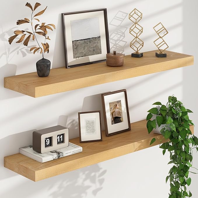 FLYJOE Floating Shelves for Wall, USA-Sourced Brich Wood 36 Inch Long Wall Shelves Set of 2, Natural Wooden Mounted Picture Ledge Shelf, Nursery Book Storage Shelf Kids Bookshelf, Display Shelf