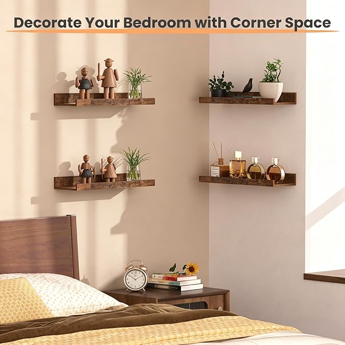 upsimples Floating Shelves for Wall, Wall Shelves for Decor Storage Set of 6, Wall Mounted Wood Shelf for Bedroom, Living Room, Bathroom, Kitchen, Picture Ledge Shelf, Brown