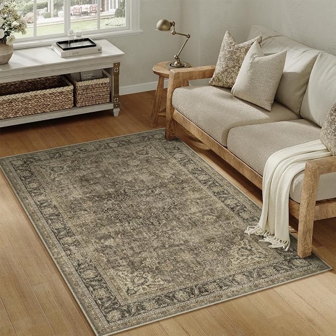 3x5 Washable Area Rug Brown Vintage Non Slip Soft Low Pile Rug for Entryway Kitchen Bathroom Distressed Oriental Throw Carpet for Living Room Bedroom Home Decor