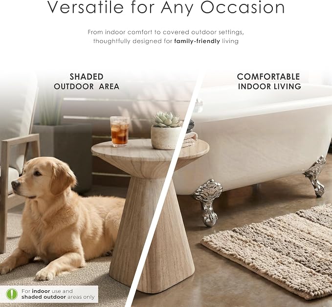 24/7 Shop at Home Ranera Modern 18-inch Natural Stone Side Table with Angular Pedestal Base, Marble Nightstand, Geometric Patio End Table, for Living Room, Covered Outdoor Spaces, Beige Travertine