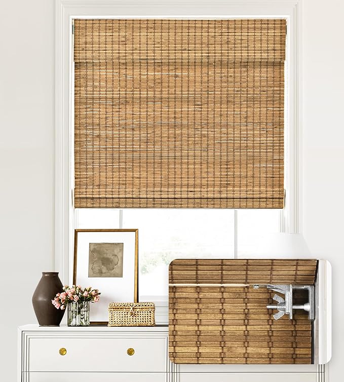 LazBlinds No Tools No Drill Cordless Bamboo Roman Shades, Light Filtering Window Treatment, Roll Up Bamboo Blinds for Windows 46'' W x 64'' H, Eastfield Teak