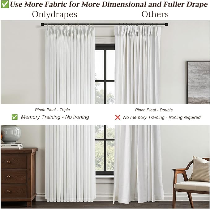 105 Inch Long White Pinch Pleated Linen Curtains 2 Panels Set for Living Room Bedroom Pinch Pleat Curtains Ivory Cream Semi Sheer Light Filtering Privacy Curtain 105 Inch Length for Sliding Door