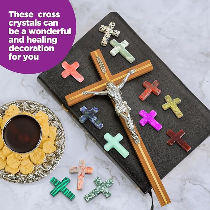 Nuenen 50 Pcs Easter Cross Crystal Stone Bulks 1'' Natural Crystal Wall Cross Shaped Worry Stones Charm Pocket Quartz Gift Halloween Easter Decor(1.77 x 1.38 x 0.24 Inch,Cute)