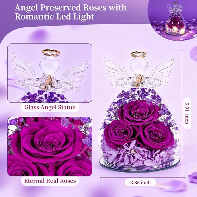Gifts for Women Mom Preserved Rose Forever Flower Eternal Roses in Glass Angel Figurines Fresh Flowers for Delivery Prime Mothers Day Birthday Gift for Her Wife Grandma on Valentines Day Anniversary