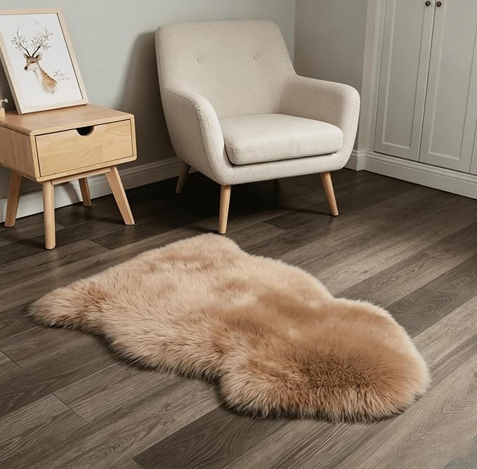 AOGELAN Shaggy Fur Area Rug, Genuine New Zealand Sheepskin Rug, Soft Fur Prayer Pup Carpet Mat, Single Pelt 2ft x 3ft Light Brown