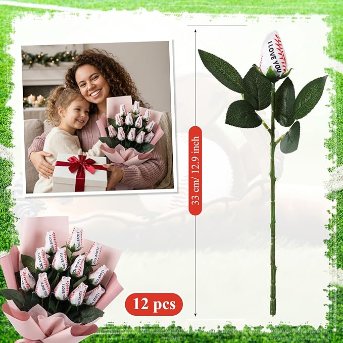 Suhine 12 Pcs Artificial Baseball Rose Flower Gifts for Mom Coach Boyfriend Girlfriend Sports Party Favors Bulk for Birthday Graduation Wedding Party Decorations Table Centerpieces(Love Color, Normal)