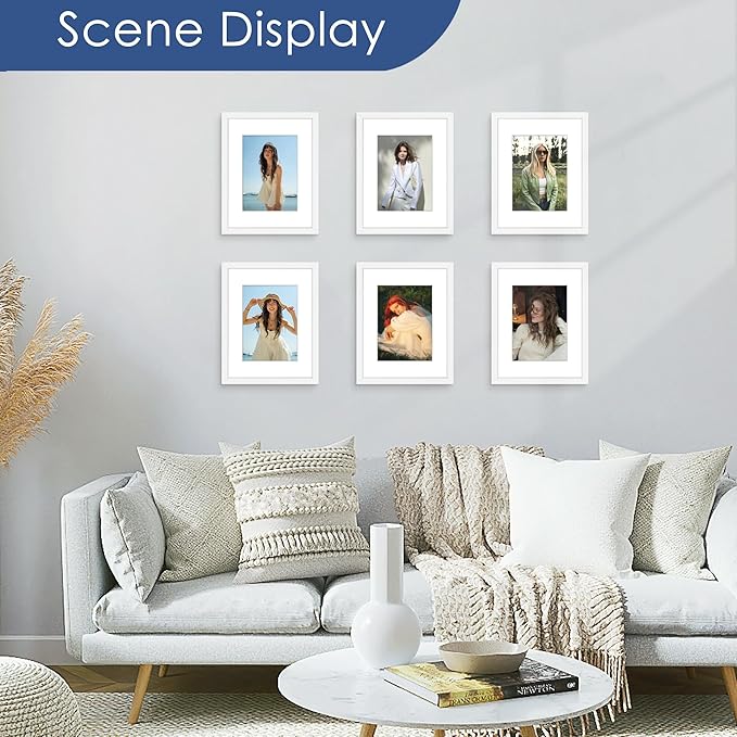 PEALSN 8.5 x 11 Picture Frame Set of 6, Display Pictures 6x8 with Mat or 8.5 x 11 without Mat for Wall Mounting Display, Photo Frames Collage for Wall Decor, White Woodgrain.