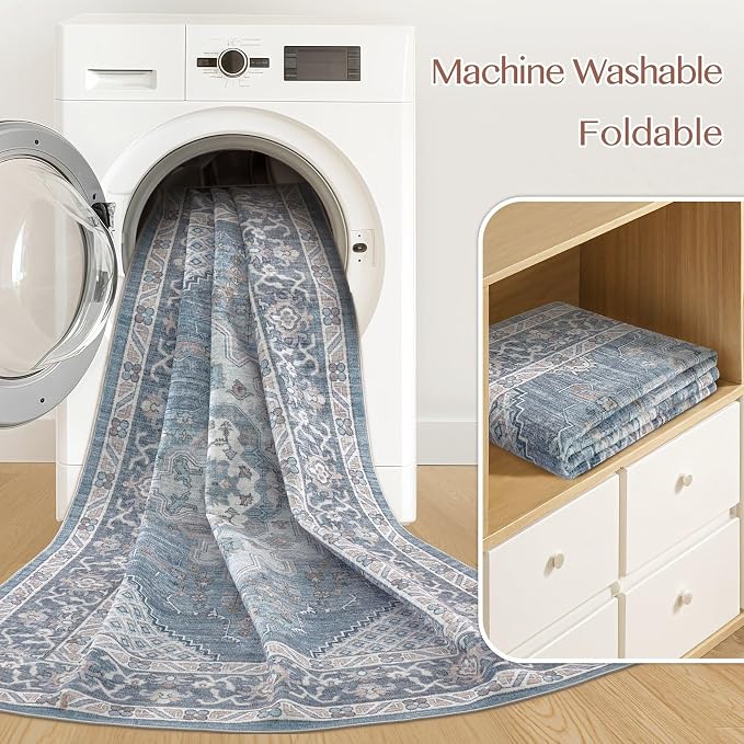 Tortania Area Rug Living Room Rugs - 12x15 Washable Boho Rug Vintage Oriental Distressed Farmhouse Large Thin Indoor Carpet for Living Room Bedroom Under Dining Table Home Office - Blue