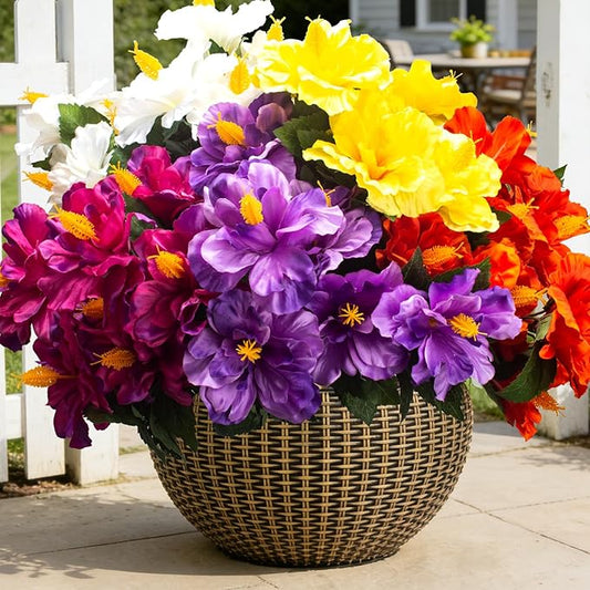 Grunyia Artificial Hibiscus Flowers 5 Bundles, UV Resistant Fake Tropical Flowers Realistic Silk Blooms for Outdoor Planter Garden Patio Porch Window Box Home Decor (Mix(5 Color))