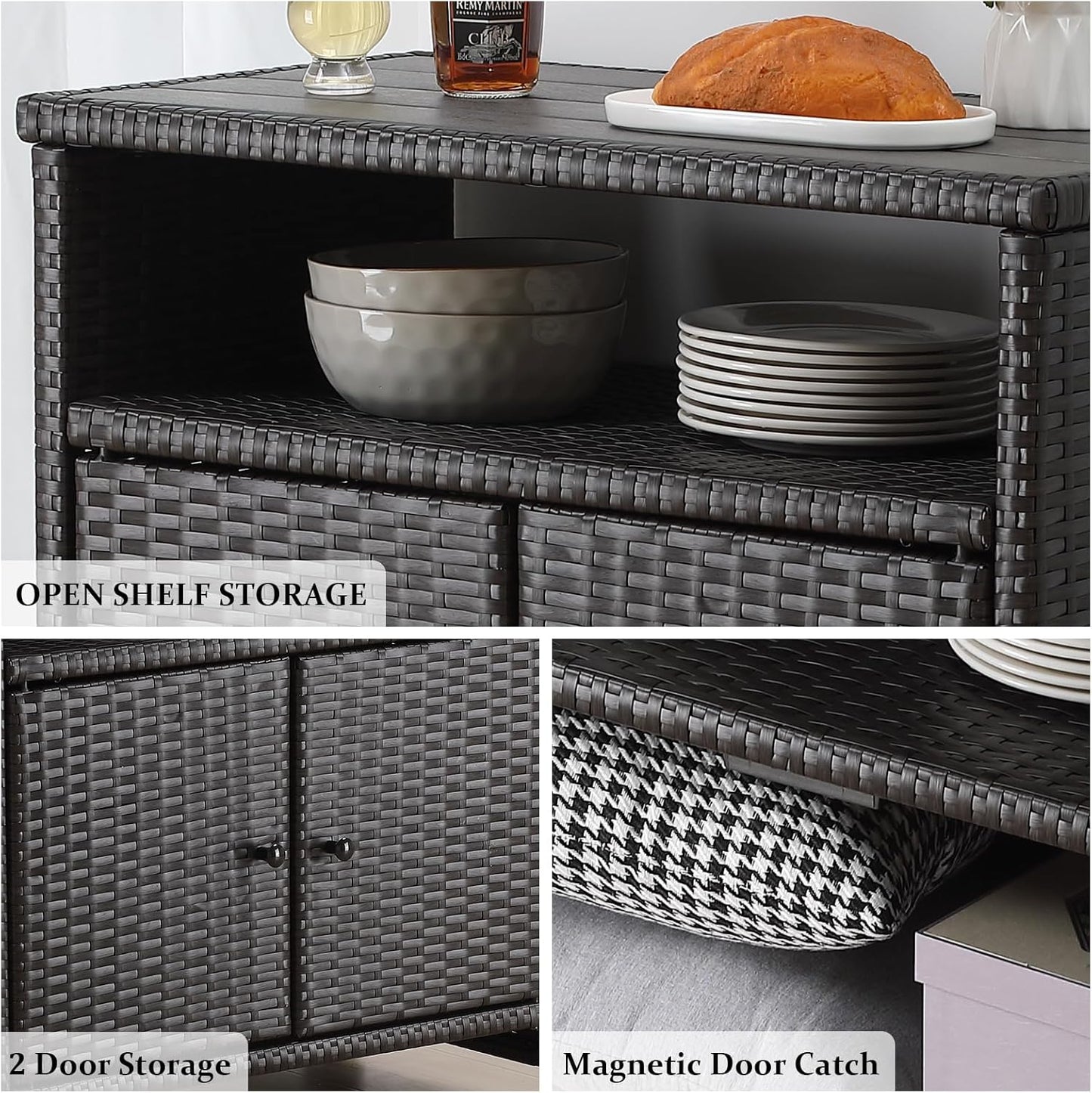 Outdoor Wicker Storage Cabinet - Patio Bar Table with Wheel,Outdoor Buffet Cabinet Movable,Garden Weather-Proof Bar Table/Cart for Indoor&Outdoor (Dark Brown)