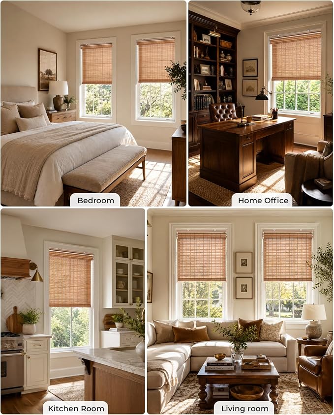 UNISHADES Cordless Bamboo Roller Shades, 26×70 in, Squirrel | Woven from Wide Bamboo Strips Roll Up Blinds, Protecting Privacy, Light Filtering