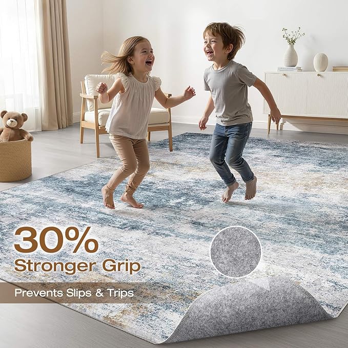 LOONGRUG 12x15 Abstract Blue Gold Rug