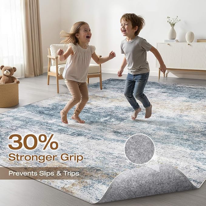 10x12 Area Rugs Living Room: Washable Large Neutral Rug Abstract Soft Modern Stain Resistant Indoor Floor Non-Slip Carpet for Bedroom Nursery Kids Office Playroom Dining Room Under Table- Blue Gold