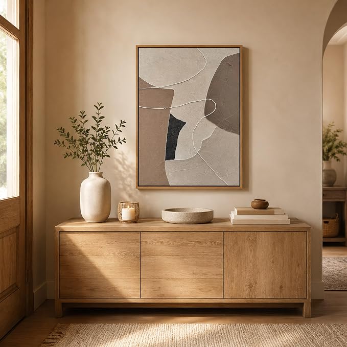 Kabcod Large Beige Brown Abstract Wall Art 3D Textured Oil Painting, Neutral Large Abstract Geometric Picture Wall Decor Framed Artwork Boho Entrance Home Decor Ready to Hang (24" W x 36" L)