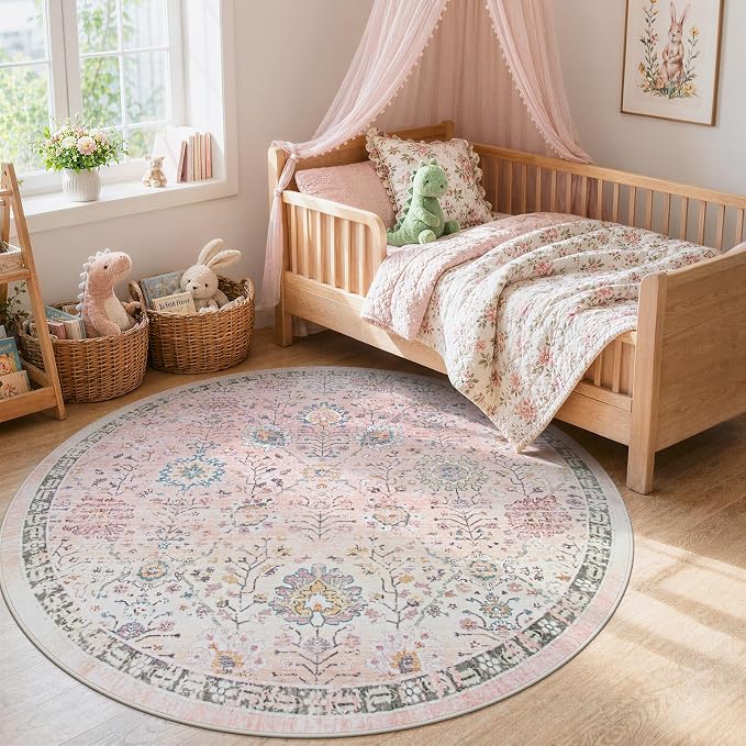 Lahome Girls Bedroom Pink Round Rug 6ft, Soft Washable Floral Circle Rug with Non Slip Backing, Light Pink Area Rug for Kids Room, Nursery, Reading Corner and Playroom