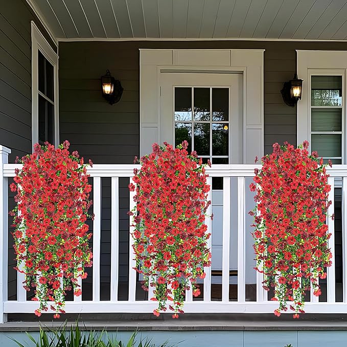 Hrobek Artificial Fake Hanging Plants Flowers for Spring Outdoor Outside Decor, Faux Mums Silk Realistic Flower, 2 Pcs UV Resistant Look Real Plastic Decorations for Porch Home Patio Balcony Yard