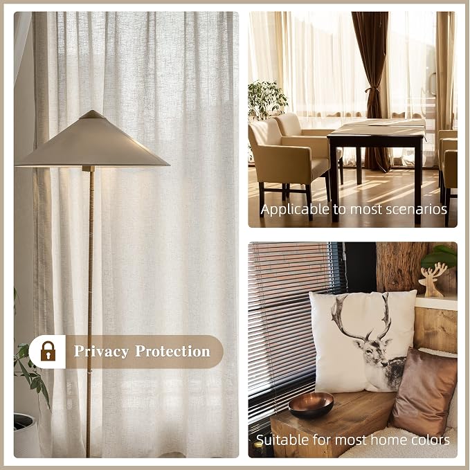 MAIHER Faux Linen Pinch Pleated Curtains 96 Inches Long, Light Filtering and Privacy Protection, Semi Sheer Patio Door Drapes for Living Room, Easy Hanging Via Hooks (Linen, 1 Panel, 54 W x 96 L)