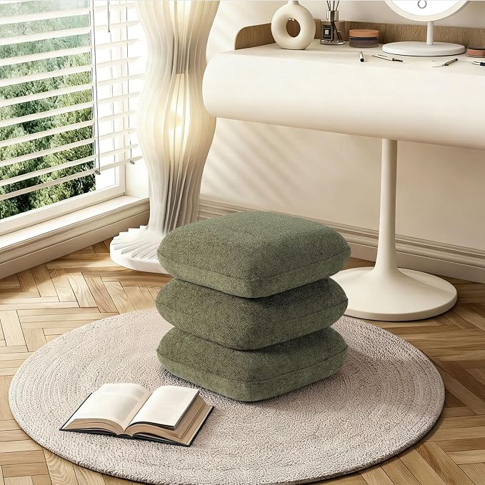 Get Set Style 360° Swivel Linen Ottoman, Modern Upholstered Foot Stool, Multifunctional Vanity Chair Accent Stool for Small Space, Living Room, Bedroom, Entryway, Olive Green