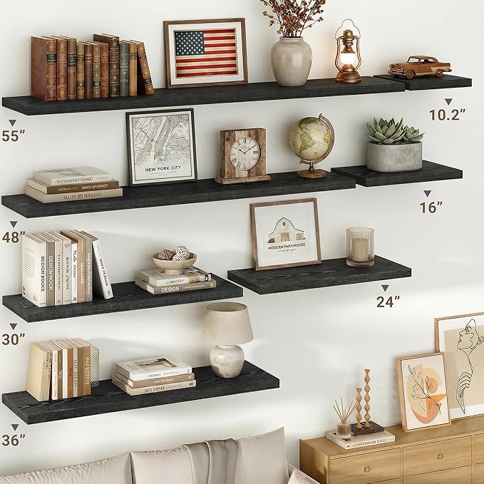 Vivelove 48 Inches Floating Shelves Wall Mounted, 10" Deep Wall Shelves for Bedroom, Bathroom, Living Room, Kitchen, Office, Home Decor, Modern Shelf, Set of 2, Black, 48x10.2x1.5