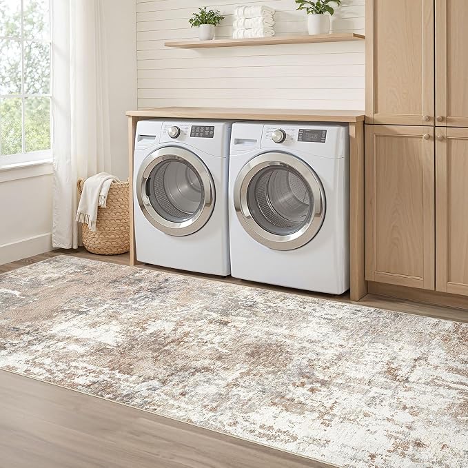 Runner Rug Kitchen Washable Rugs: 2x5 Non-Slip Abstract Soft Modern Stain Resistant Indoor Floor Neutral Accent Throw Carpet for Hallway Bathroom Laundry Room Entryway Bedroom- Brown