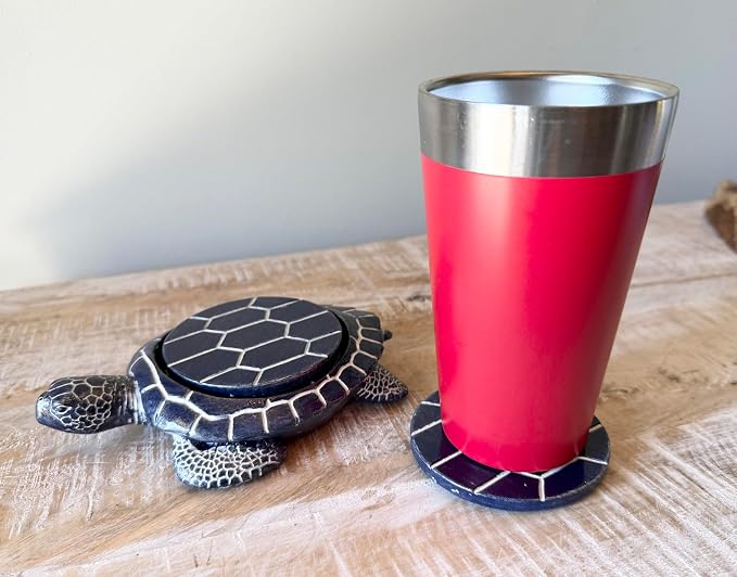 Sea Turtle Coaster Set - Coastal Ocean Beach Decor - Rustic Nautical Navy Blue and White Finish