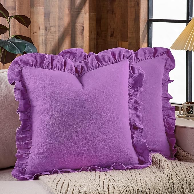 AmHoo Pack of 2 Throw Pillow Covers 100% Cotton Pre Washed Ruffle Decorative Pillowcase Cushion for Couch Sofa Bedroom 18 x 18-Inch Iris Orchid