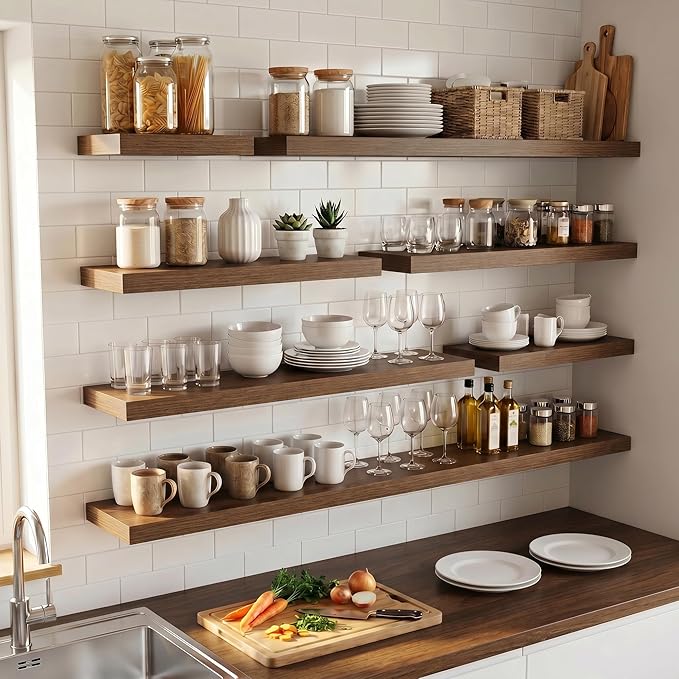 Venusmiles Floating Shelves for Wall, 24 Inch Floating Shelves Set of 2, 6.5" D Wooden Wall Mounted Display Shelves with Invisible Brackets for Living Room, Bedroom, Bathroom, Kitchen Decor, Walnut