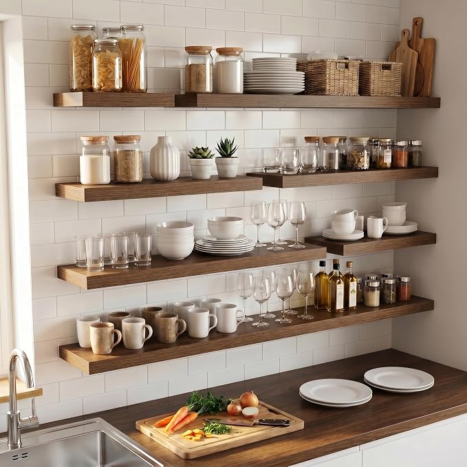 Venusmiles Floating Shelves for Wall, 55 Inch Floating Shelves Set of 1, 6.5" D Wooden Wall Mounted Display Shelves with Invisible Brackets for Living Room, Bedroom, Bathroom, Kitchen Decor, Walnut
