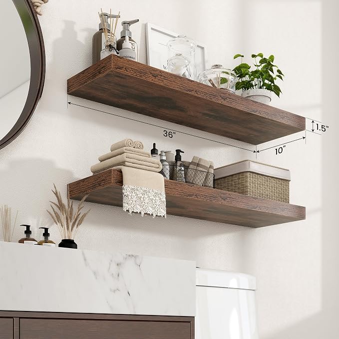 Axeman 36Inch Floating Shelves for Wall, 2 Pack Shelves for Bedroom, Bathroom, Kitchen, Hanging Wall Mounted Rustic Wood Shelf with Invisible Brackets for Books Decor, Rustic Brown