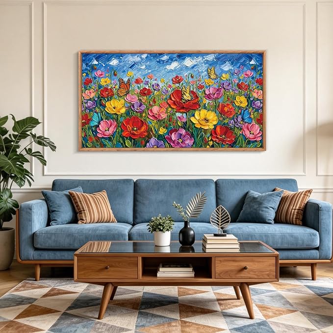 CHDITB 3D Floral Impasto Textured Poppy Framed Canvas Wall Art Set, Butterfly Wildflower Country Vibrant Spring Wall Decor, Bright Botanical Flower Art Prints for Bedroom Farmhouse Living Room 40"x20"