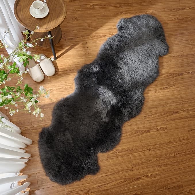 Premium Genuine Sheepskin Area Ruge - Real Wool Fur Shaggy Carpet | Fluffy Soft Natural Lambskin Rug Seat Chair Covers for Couch Sofa Bedroom Living Room(Dark Grey,2×6 Feet Sheepskin)