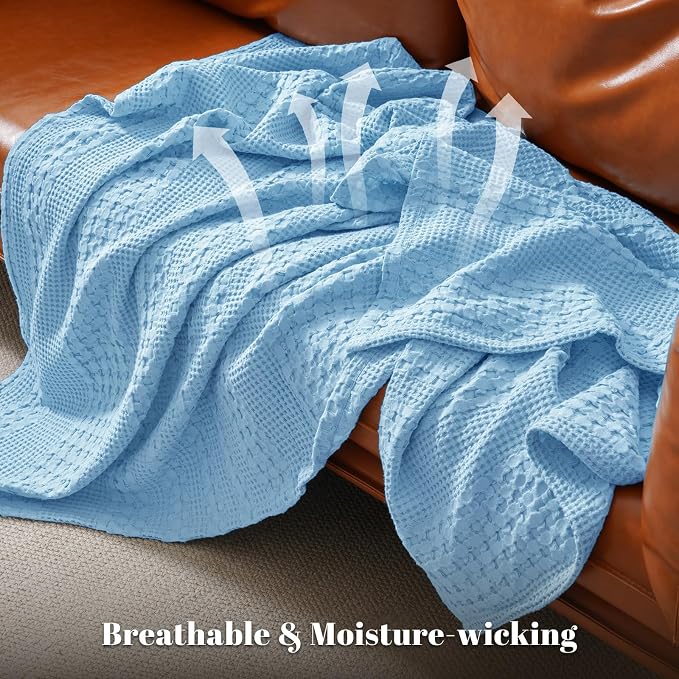 PHF 100% Cotton Waffle Throw Blanket for Couch, Lightweight Breathable and Soft for Summer, Luxury Aesthetic Waffle Weave Blanket for Home Decor & Office, Gifts for Women, 50"x60", Airy Blue