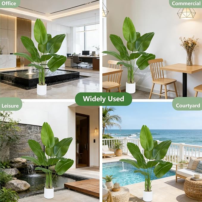 Artificial Bird of Paradise Plant 4FT Fake Palm Tree Feaux Plants in White Pot Artificial Tree Fake Plant for Indoor Outdoor Modern Decoration for Home Living Room Office