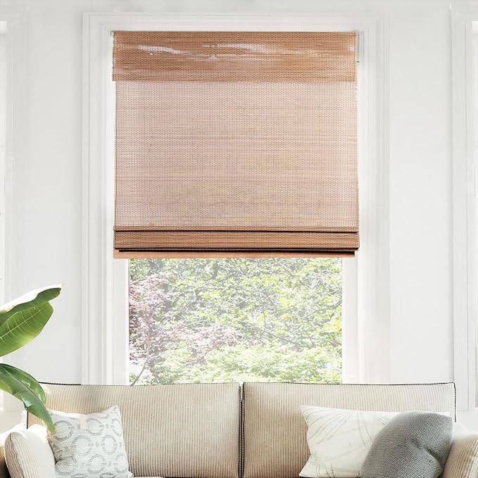 CHICOLOGY Bamboo Roman Shade, Cordless Light Filtering Woven Wood Window Treatment for Living Room, Dining Room, Kitchen & Office, Natural Bamboo Blinds for Boho Coastal Decor, Acorn, 39"W x 64"H
