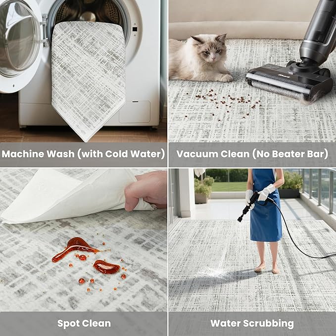 5x7 Area Rugs Washable Rug: Anti-Skid Abstract Modern Living Room Rug Soft Thin Carpets Indoor Floor Non-Shedding Carpet for Bedroom Dining Farmhouse Nursery Home Office (White Gray, 5'x7')